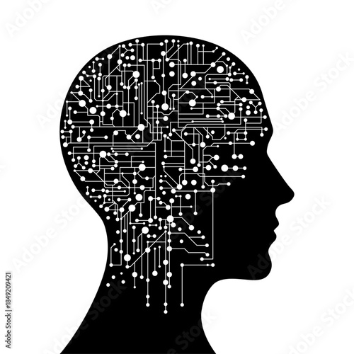 Digital Mind: A stylized representation of a human head interwoven with intricate circuit patterns, symbolizing the fusion of technology and the human intellect. 