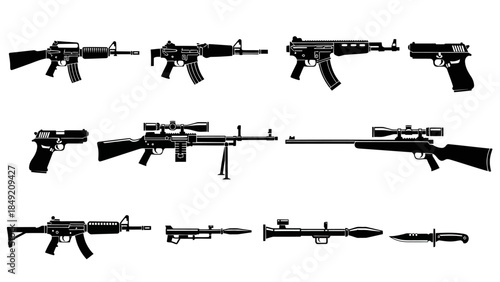 Collection of various firearms, including assault rifles, sniper rifles, pistols, and a rocket launcher