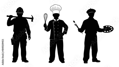 Silhouettes of construction worker, chef, and artist representing different professions