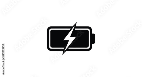 A simple black battery icon with a lightning bolt charging symbol depicted as a silhouette