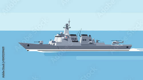 Modern guided missile destroyer ship sailing on the ocean, naval warfare