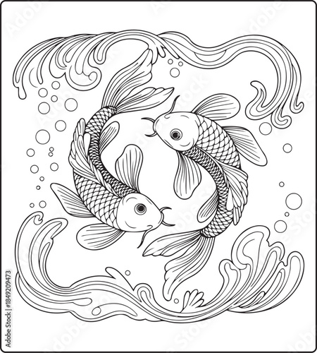 Koi fish coloring page for adults with detailed pattern hand drawn illustration for anti stress coloring book design
