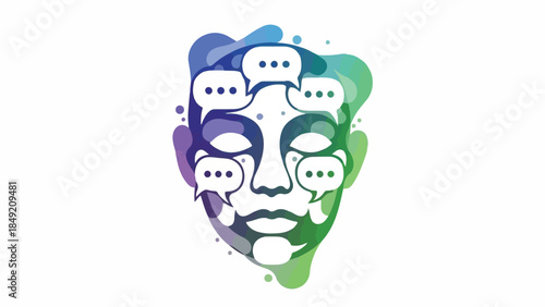 A vector illustration of a virtual assistant chatbot with a human face surrounded by speech bubbles in shades of blue, green, and purple. Perfect for technology, communication, and business