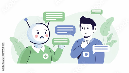 A virtual assistant chatbot vector illustration of a robot and a man discussing with speech bubbles. Perfect for websites, blogs, educational materials.