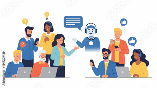 A vector illustration of diverse people interacting with a virtual assistant chatbot, surrounded by speech bubbles and technology symbols on a white background. Perfect for websites,