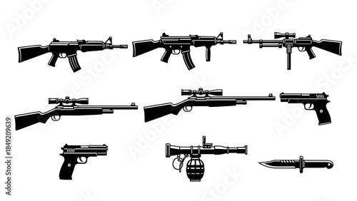 A collection of various black and white weapon icons including rifles, pistols, a grenade launcher, and a knife.
