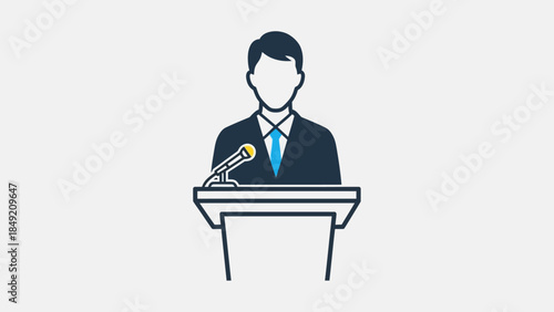 Businessman or politician speaking at a podium with a microphone icon