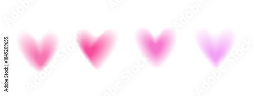 Heart icons with blur gradient vibrant colors. Aura texture love symbols shapes set. Pink and violet gradation charity and donation sign set. Vector simples hearts forms isolated on white background.