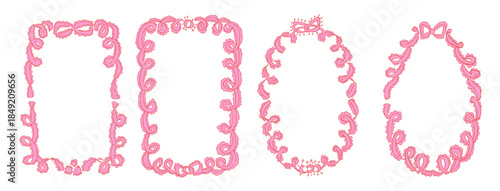 Bachelorette pink girly whimsical frames. Coquette borders with bows set. Ribbon and lace squiggle menu cadre. Vector wedding text box promo sale girly frame isolated on white background.