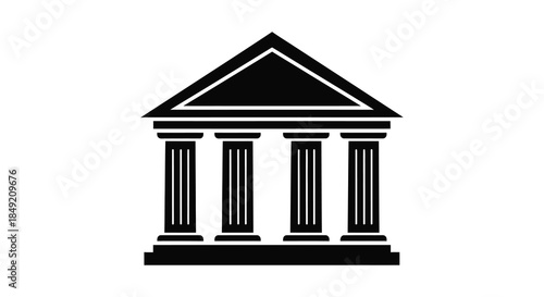 A classical building with prominent columns and a triangular pediment depicted as a silhouette