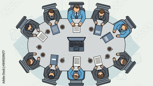 Overhead illustration of a business team meeting