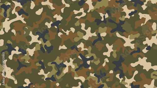 Seamless woodland camouflage pattern featuring irregular organic shapes in green, brown, tan, and dark grey for military or outdoor use.