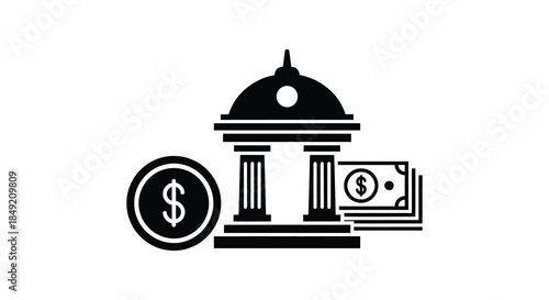 A black silhouette depicting a bank building money and a dollar sign symbol