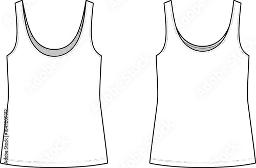 Minimal tank top technical fashion illustration front and back view deep scoop neckline sleeveless blank casual apparel vector