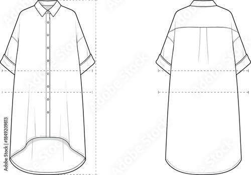 Oversized button front high low shirt dress technical flat illustration front and back view apparel template