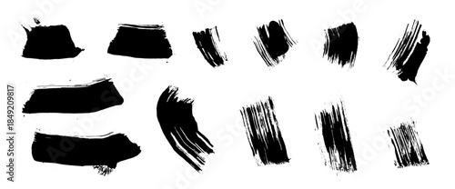 Brush stroke mascara set isolated. Black ink texture creates dramatic mascara-like smudge effect for cosmetic branding makeup product with artistic brush appeal. Vector smudge dab irregular lines.