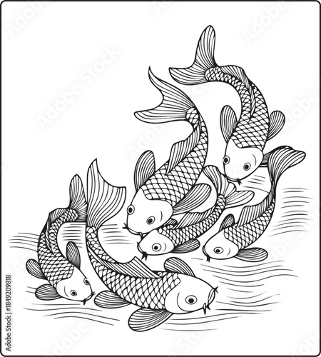 Koi fish coloring page for adults with detailed pattern hand drawn illustration for anti stress coloring book design