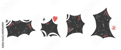 Bangs text boxes scribbles frames. Crayon callout set. Funky speech balloon shapes. Vector hand drawn isolated illustration no background. Bg doodle comic sticker for promo text. Charcoal border shape