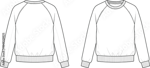 Raglan sleeve crewneck sweatshirt technical fashion illustration back and front view ribbed neckline cuffs hem vector