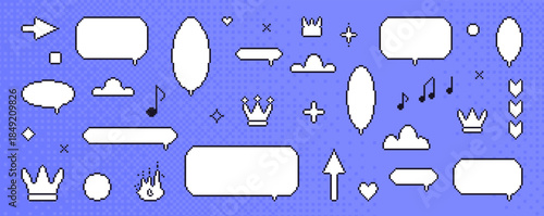 Pixel dialogue boxes y2k. 8 bit speech bubbles set. Game pixel art chat text boxes with fire, crown, music note, arrows. Vector talk frames balloons messages set isolated on dithering background.