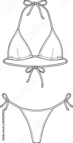 Triangle bikini set technical flat illustration with halter tie top and side tie bottom front view