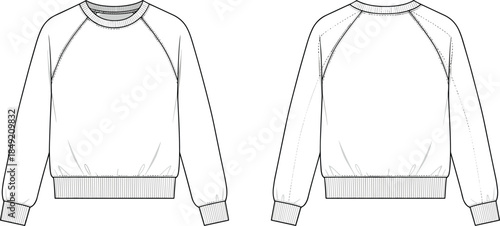Raglan sleeve sweatshirt technical fashion illustration front and back view ribbed cuffs hem minimalist apparel vector