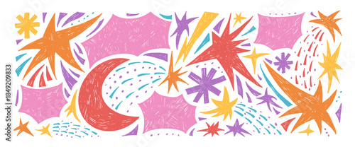 Pastel space stars, bang text boxes. Crayon abstract geometric shapes background set. Geometry organic freeform abstract naive hand drawn scribbles twinkles figures. Vector handmade callout isolated.