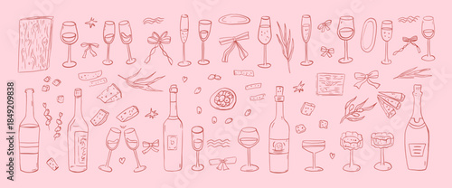 Wine, cheese coquette doodle set. Whimsical hand drawn mediterranean drinks tasting party. Sketch red pink girly line cocktail charcuterie scribble illustration. Vector wineglasses, bottles isolated.