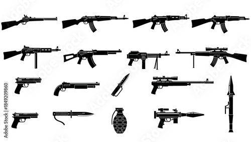 A comprehensive collection of various firearms, bladed weapons, and explosives.