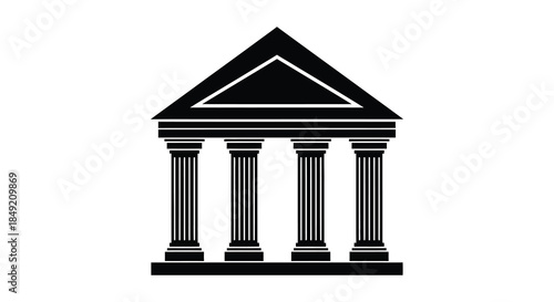 a classic greek temple facade with columns is presented in a bold black silhouette