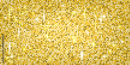 Yellow gold sequin mosaic background with disco ball shine and glitter texture. Golden sparkle floor for glam party or abstract shimmer wall. Vector illustration design.