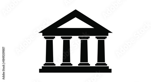 A striking black silhouette of a classical temple with columns and a triangular pediment silhouette