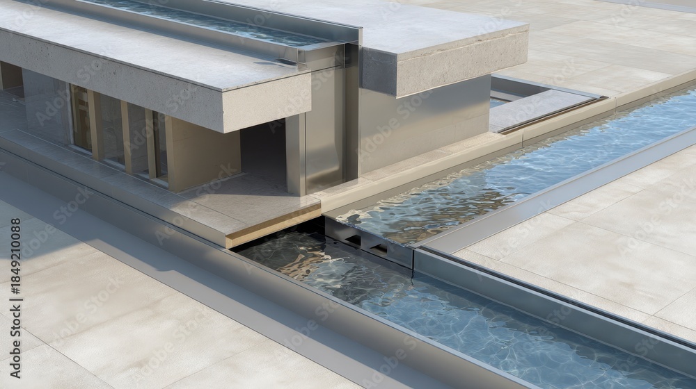 Fototapeta premium A modern architectural design showcasing a building with integrated water features and clean lines, creating a tranquil environment