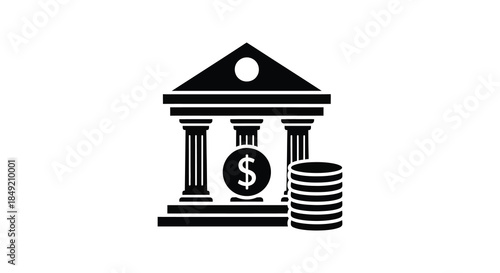 A classical building facade with a dollar sign and coins a striking silhouette