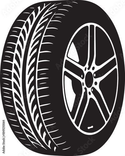 A detailed black and white of a car tire and rim, showcasing the tread pattern and the five-spoke alloy wheel also transparent background
