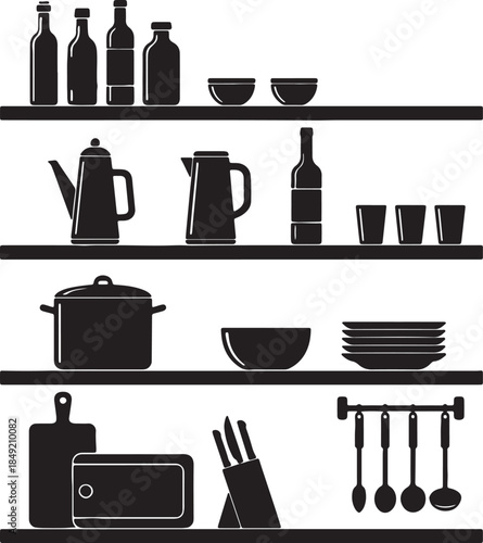 Assortment of kitchenware and bottles on four shelves, including pots, pans, knives, and utensils, in a detailed silhouette also transparent background