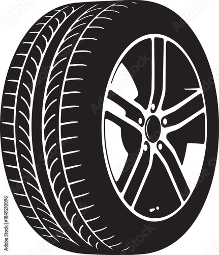 Black and white representation of a car tire and wheel assembly featuring a detailed tread pattern and a five-spoke alloy rim for automotive applications also transparent background