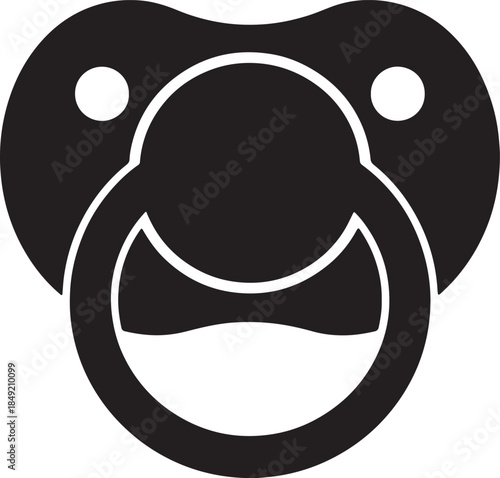 Black silhouette of a baby pacifier with a wide open mouth and two circular dots representing eyes infant also transparent background