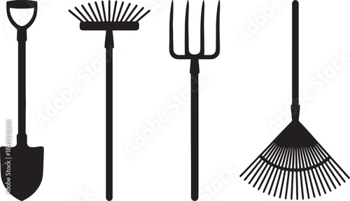 Silhouette collection of garden tools including a shovel a rake a pitchfork and a fan rake for outdoor work and landscaping also transparent background