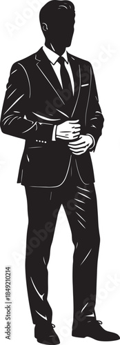 Silhouette of a man in a formal suit and tie, standing with hands clasped, conveying professionalism and business attire in a style also transparent background