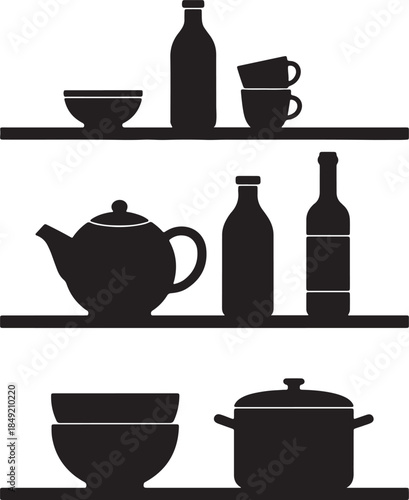 Silhouette of kitchenware and bottles arranged on three shelves, showcasing cooking utensils and drink containers in a minimalist style also transparent background