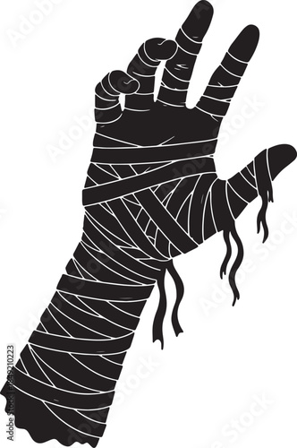 Silhouette of a mummified hand with tattered bandages and dangling strips against a white background, evoking a spooky Halloween or horror theme also transparent background