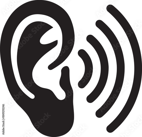 Stylized black and white of a human ear with sound waves emanating from it hearing listening also transparent background
