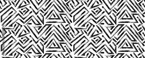 Seamless Grunge Geometric Pattern with Zigzag Lines and Triangles, Hand Drawn Bold Black Ink Labyrinth Motif Background for Textile or Wallpaper.