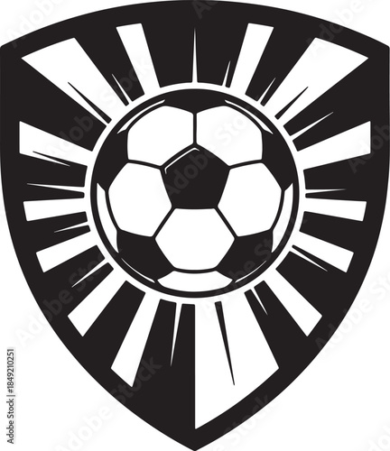 Stylized black and white soccer ball emblem with radiating lines within a shield shape representing energy and sport also transparent background