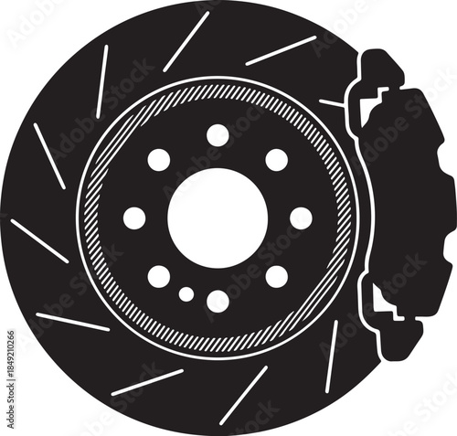 Stylized of a car brake disc and caliper in black and white showing performance automotive components for vehicle maintenance and repair also transparent background