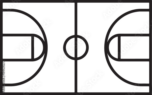 Top-down view of a simplified basketball court diagram, highlighting the key lines and markings of the playing surface in a also transparent background