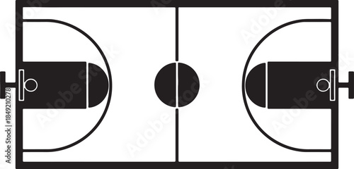 Top-down view black and white of a basketball court with markings and hoops sports game also transparent background