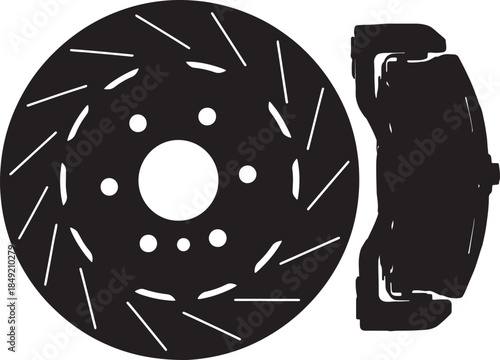 Silhouette of a car brake disc rotor and caliper, representing automotive engineering, performance, braking systems, vehicle parts, and mechanical components in a detailed also transparent background