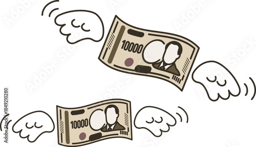 翼が生えて飛んでいく一万円札。新一万円札。紙幣。
